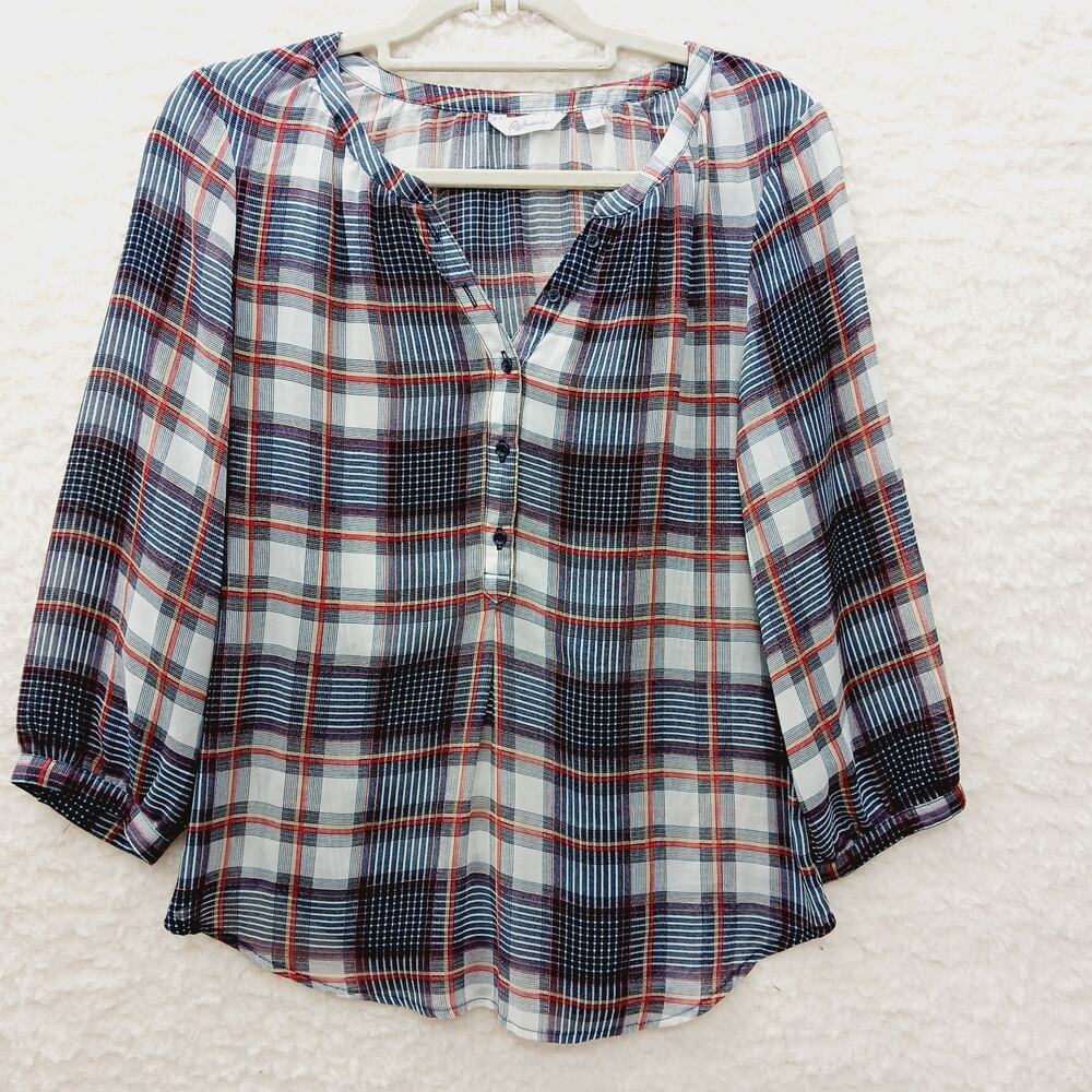 Blouse Plaid Navy Red Classic Preppy Casual Layering Lightweight Relaxed Size MP